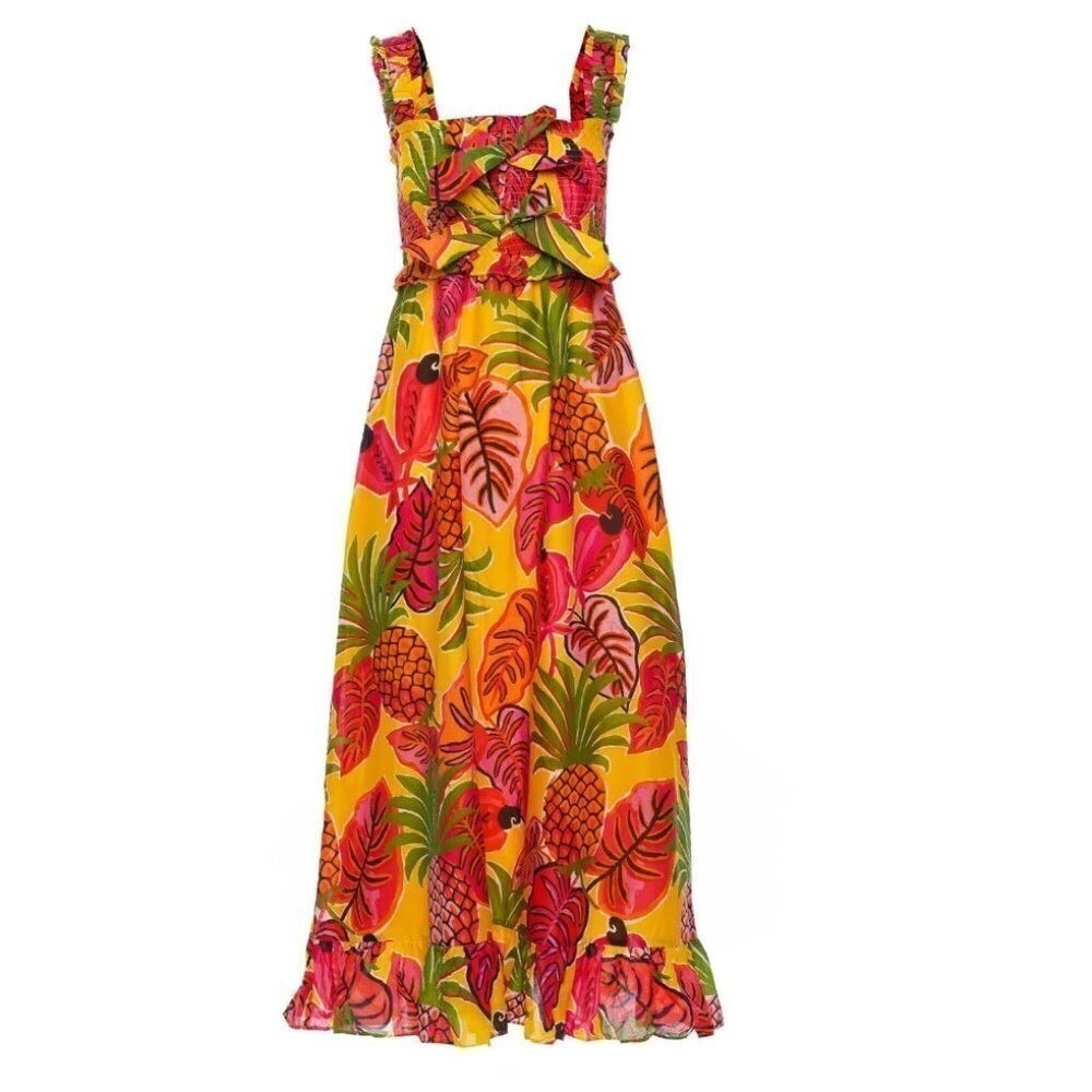 Farm Rio Yellow Tropical Pineapple Parrot Smocked Maxi Dress | Size Small - Picture 13 of 16